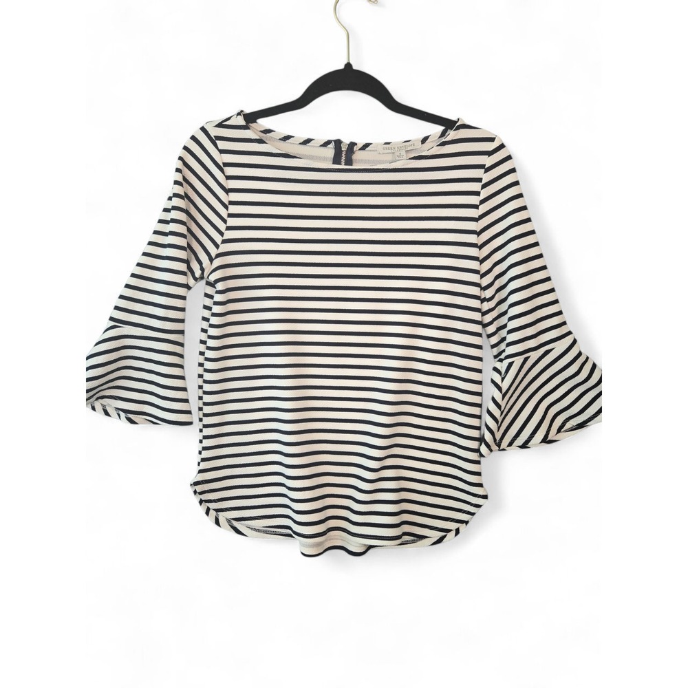 Green Envelope Striped Bell Sleeve Blouse Nautical Preppy Boat Neck‎ Work Top S